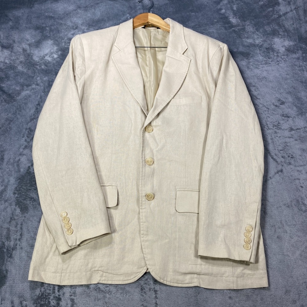 Andrew Fezza Blazer Jacket Mens Large Beige Linen Blend 3 Button Unstructured